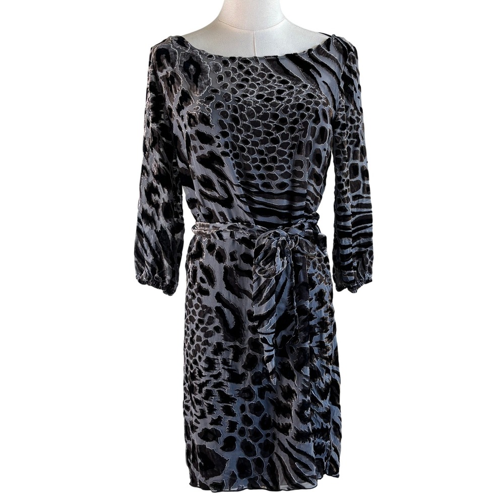 Hale Bob Dress Grey Animal Print Silk Burnout Velvet Womens XS Belted 3/4 SL